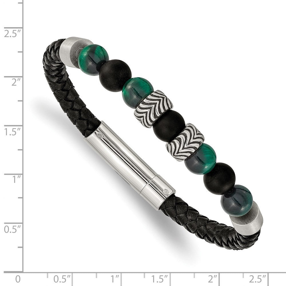 Chisel Stainless Steel Antiqued and Polished Black Agate and Green Tiger's Eye Beads Black Leather 8.5 inch Bracelet SRB2491-8.5
