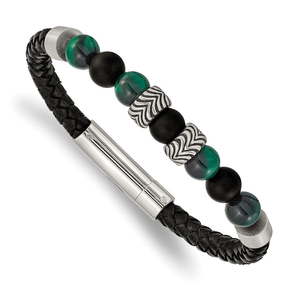 Chisel Stainless Steel Antiqued and Polished Black Agate and Green Tiger's Eye Beads Black Leather 8.5 inch Bracelet SRB2491-8.5