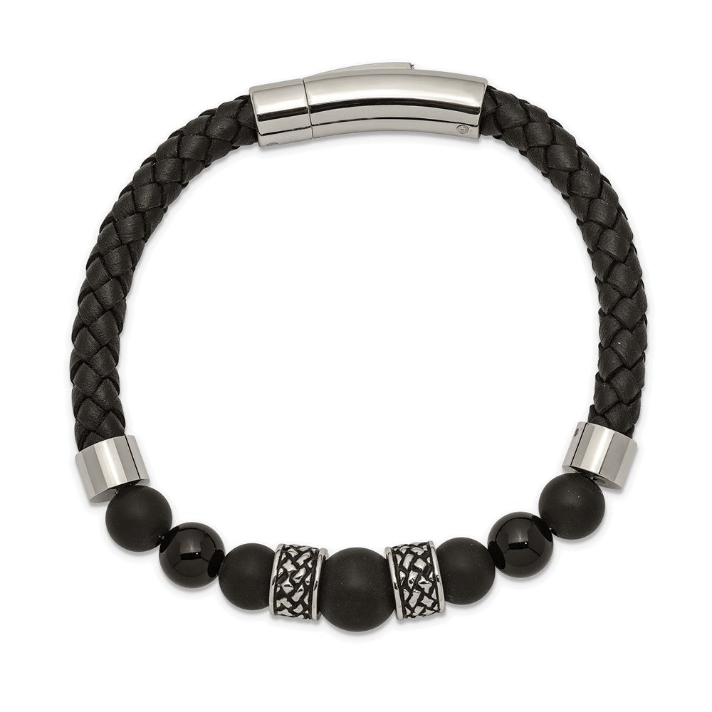 Chisel Stainless Steel Antiqued and Polished Black Agate Beads Black Leather 8.25 inch Bracelet SRB2492-8.25
