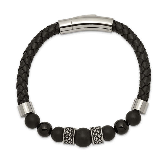 Chisel Stainless Steel Antiqued and Polished Black Agate Beads Black Leather 8.25 inch Bracelet SRB2492-8.25