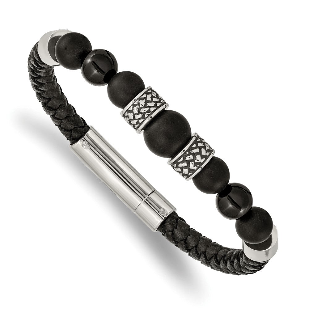 Chisel Stainless Steel Antiqued and Polished Black Agate Beads Black Leather 8.25 inch Bracelet SRB2492-8.25