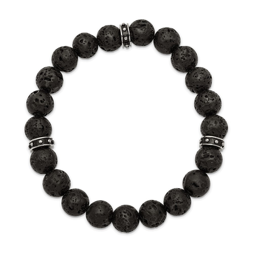 Chisel Stainless Steel Polished Black Enamel 10.5mm Lava Stone Beaded Stretch Bracelet SRB2497