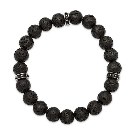 Chisel Stainless Steel Polished Black Enamel 10.5mm Lava Stone Beaded Stretch Bracelet SRB2497