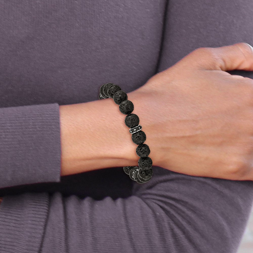 Chisel Stainless Steel Polished Black Enamel 10.5mm Lava Stone Beaded Stretch Bracelet SRB2497