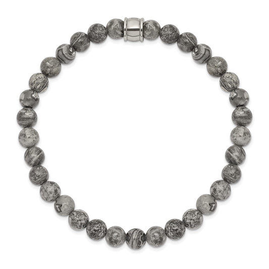Chisel Stainless Steel Polished 6mm Grey Jasper Beaded Stretch Bracelet SRB2521