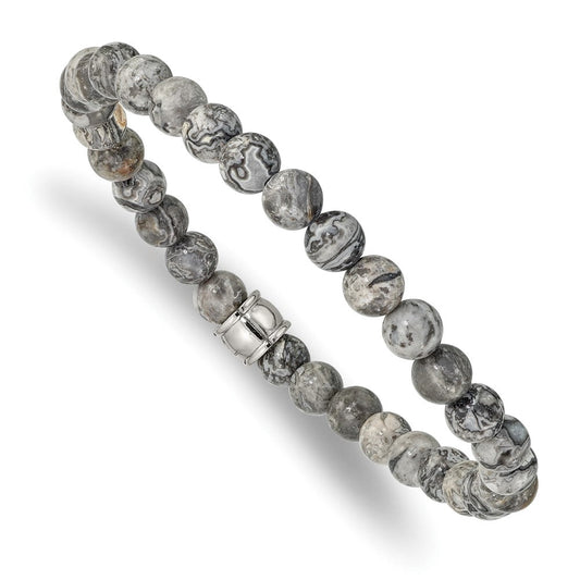 Chisel Stainless Steel Polished 6mm Grey Jasper Beaded Stretch Bracelet SRB2521