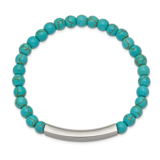 Chisel Stainless Steel Polished ID Plate 6mm Reconstructed Turquoise Beaded Stretch Bracelet SRB2545