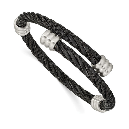 Chisel Stainless Steel Brushed and Polished Black IP-plated Wire Flexible Bangle SRB2593