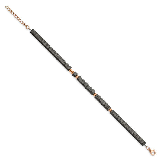 Chisel Stainless Steel Polished Rose IP-plated with Square Hematite Beads 7 inch Bracelet with 1.25 inch Extension SRB2607-7