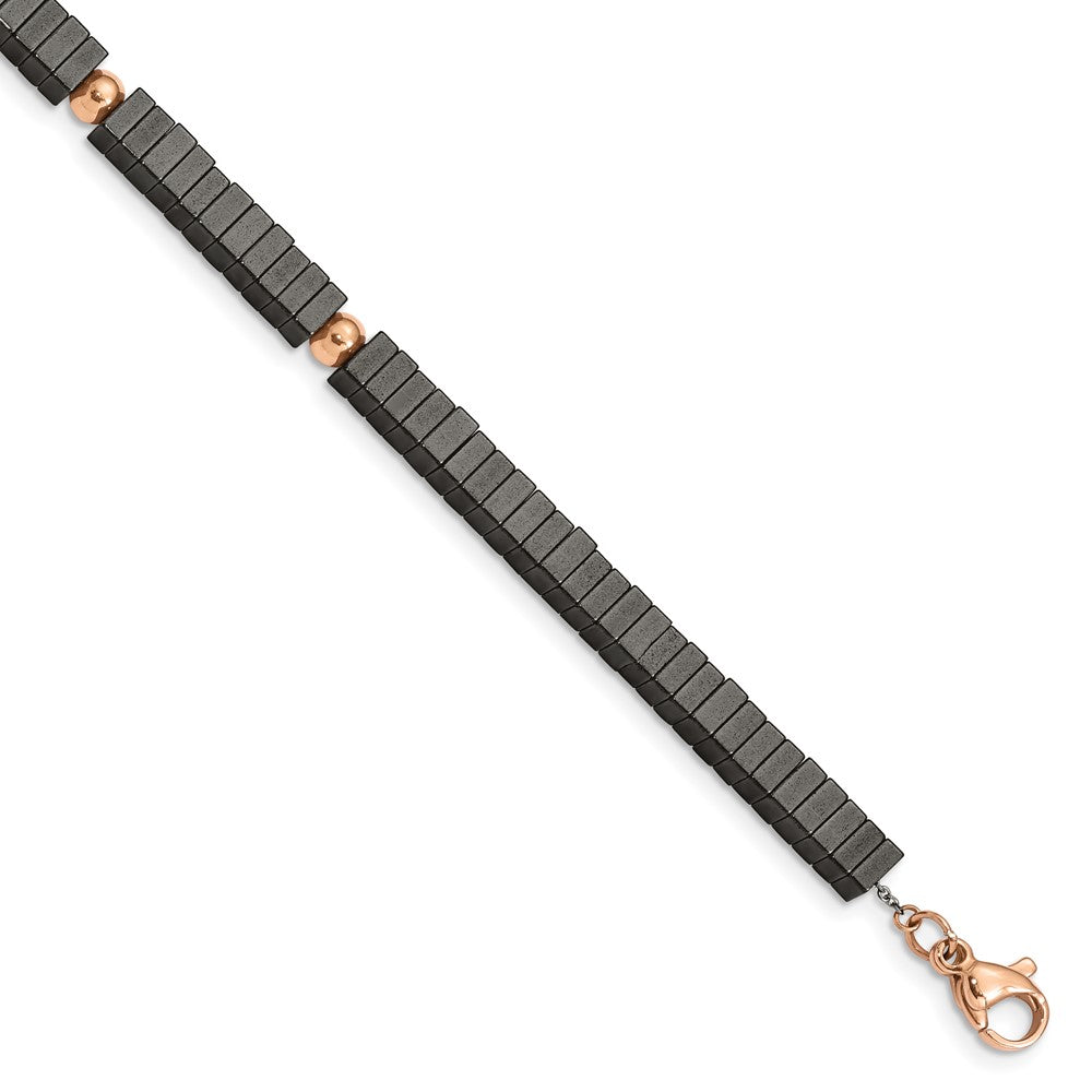 Chisel Stainless Steel Polished Rose IP-plated with Square Hematite Beads 7 inch Bracelet with 1.25 inch Extension SRB2607-7