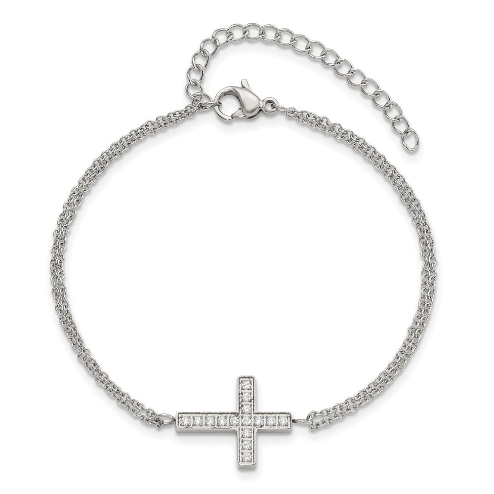 Chisel Stainless Steel Polished CZ Sideways Cross 6.25 inch Bracelet with 2 inch Extension SRB2617-6.25