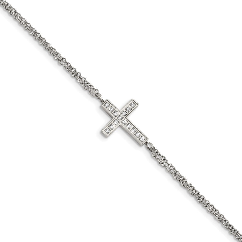 Chisel Stainless Steel Polished CZ Sideways Cross 6.25 inch Bracelet with 2 inch Extension SRB2617-6.25