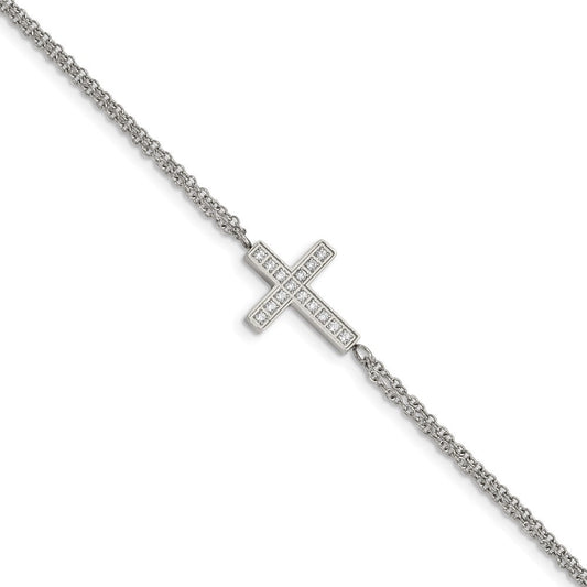 Chisel Stainless Steel Polished CZ Sideways Cross 6.25 inch Bracelet with 2 inch Extension SRB2617-6.25