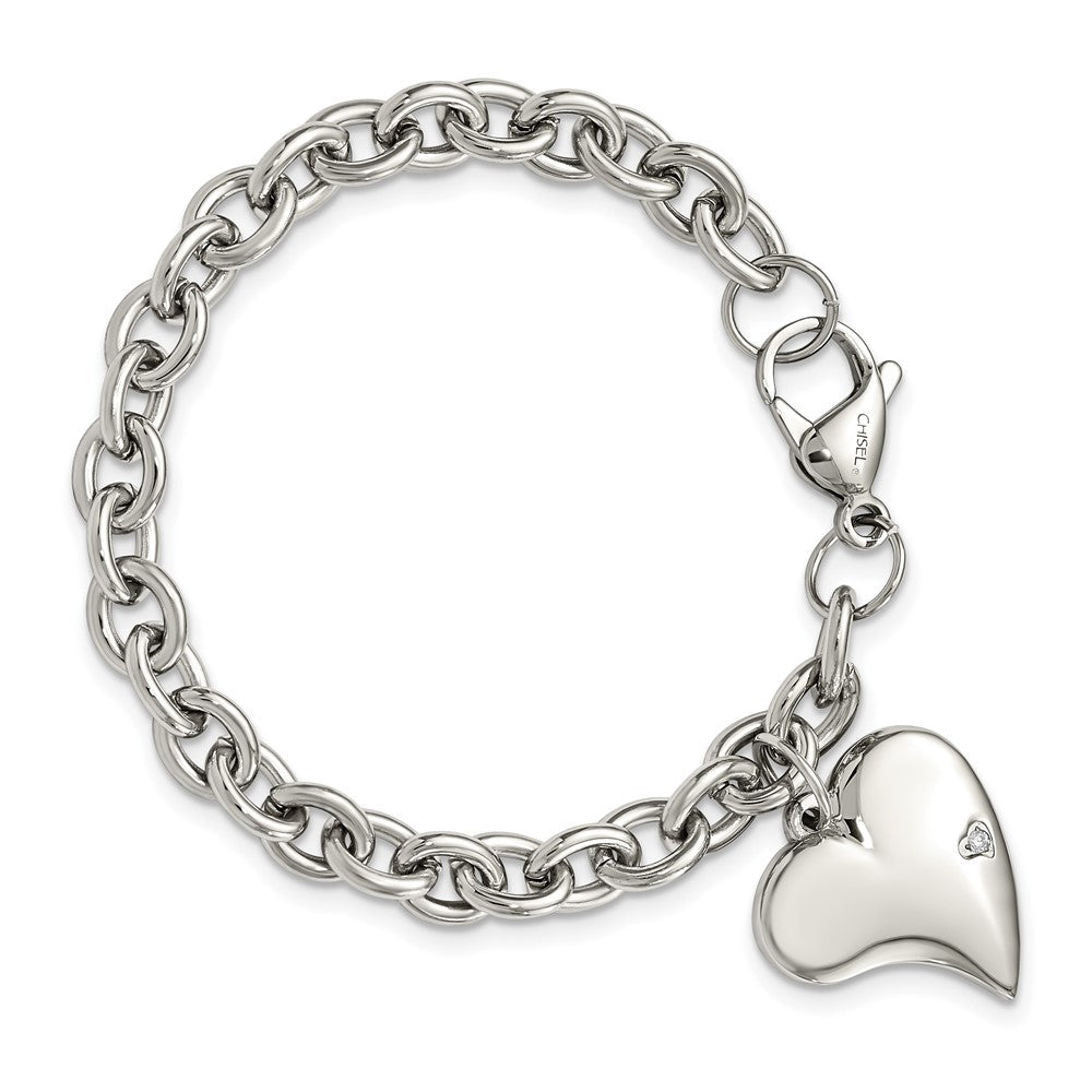 Chisel Stainless Steel Polished Link with CZ Heart Dangle Charm 7.5 inch Bracelet SRB264-7.5