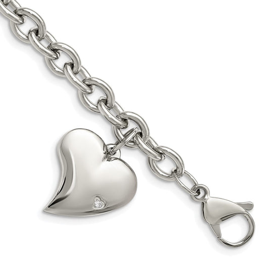 Chisel Stainless Steel Polished Link with CZ Heart Dangle Charm 7.5 inch Bracelet SRB264-7.5