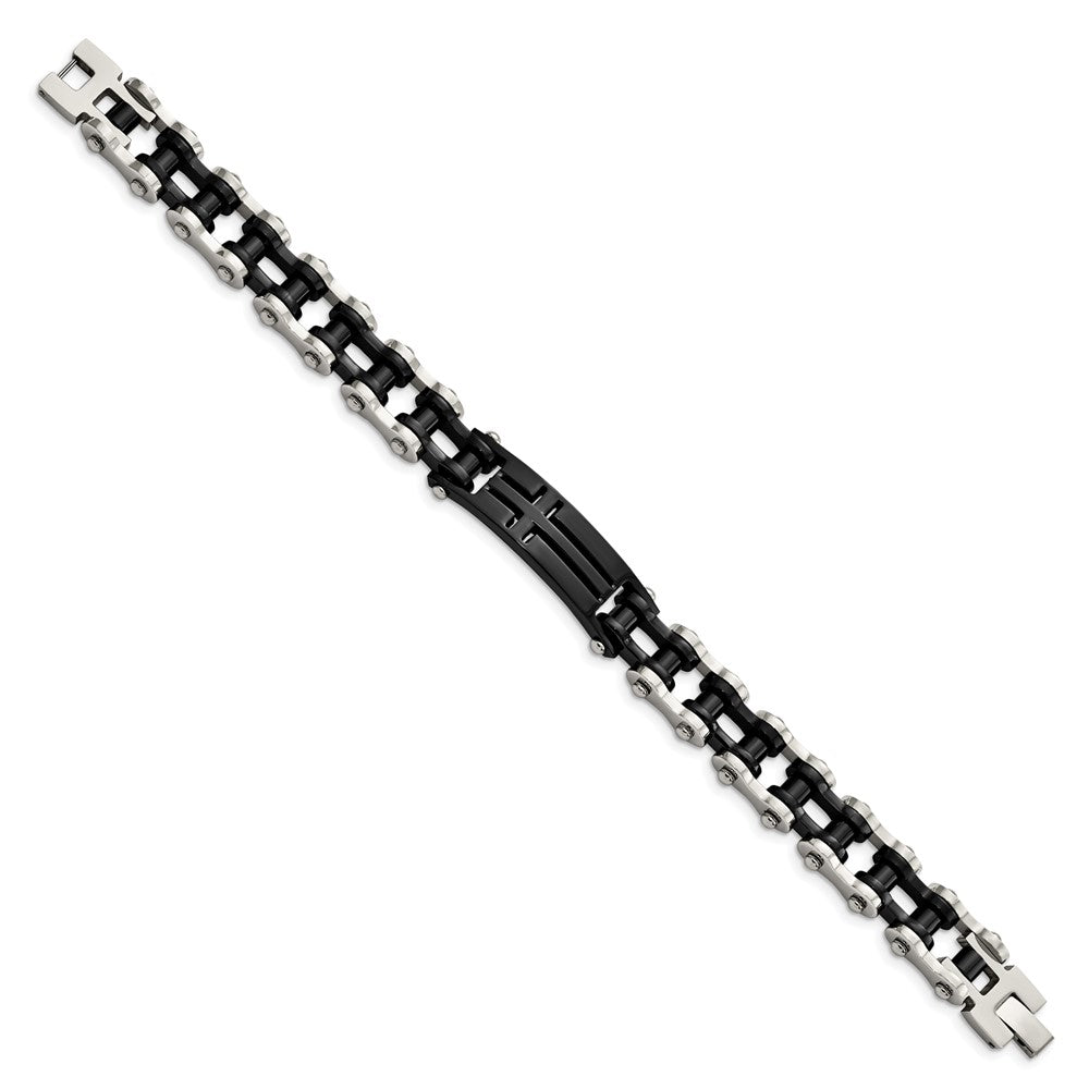 Chisel Stainless Steel Polished Black IP-plated 9 inch Cross ID Bracelet SRB2646-9