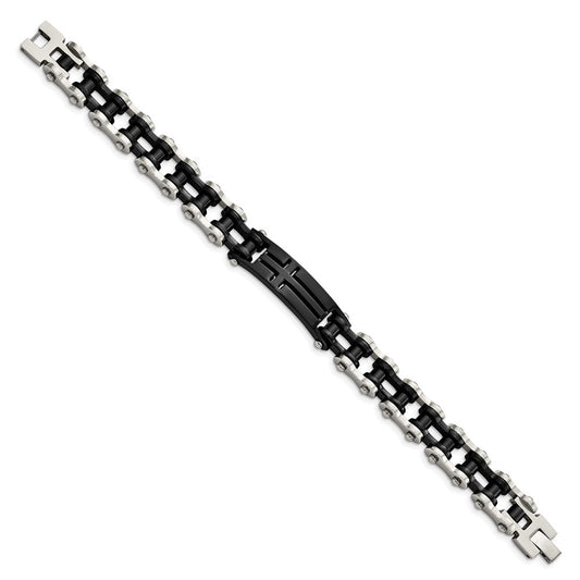Chisel Stainless Steel Polished Black IP-plated 9 inch Cross ID Bracelet SRB2646-9