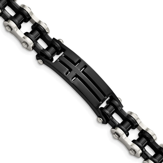 Chisel Stainless Steel Polished Black IP-plated 9 inch Cross ID Bracelet SRB2646-9
