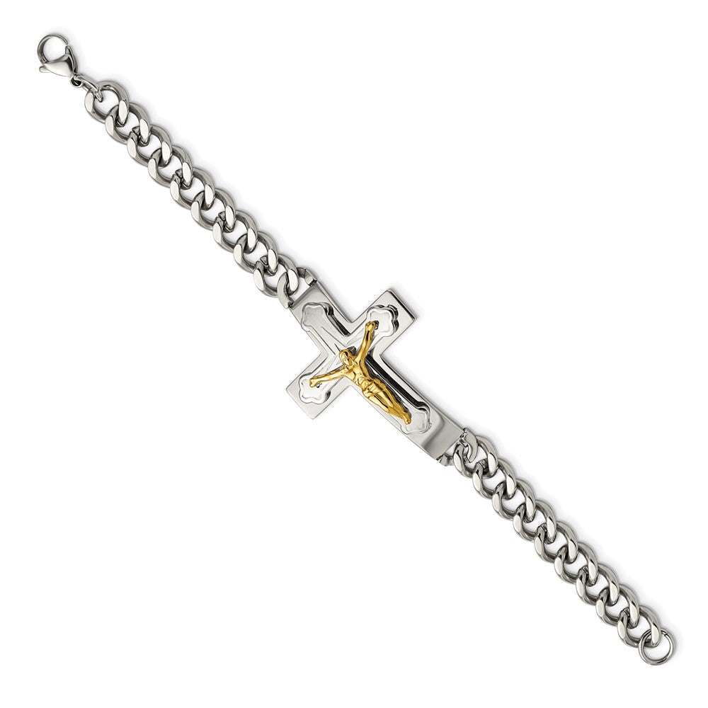 Chisel Stainless Steel Polished Yellow IP-plated Crucifix 8 inch Bracelet SRB2654-8
