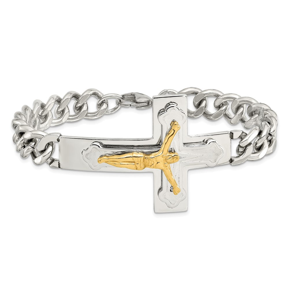 Chisel Stainless Steel Polished Yellow IP-plated Crucifix 8 inch Bracelet SRB2654-8