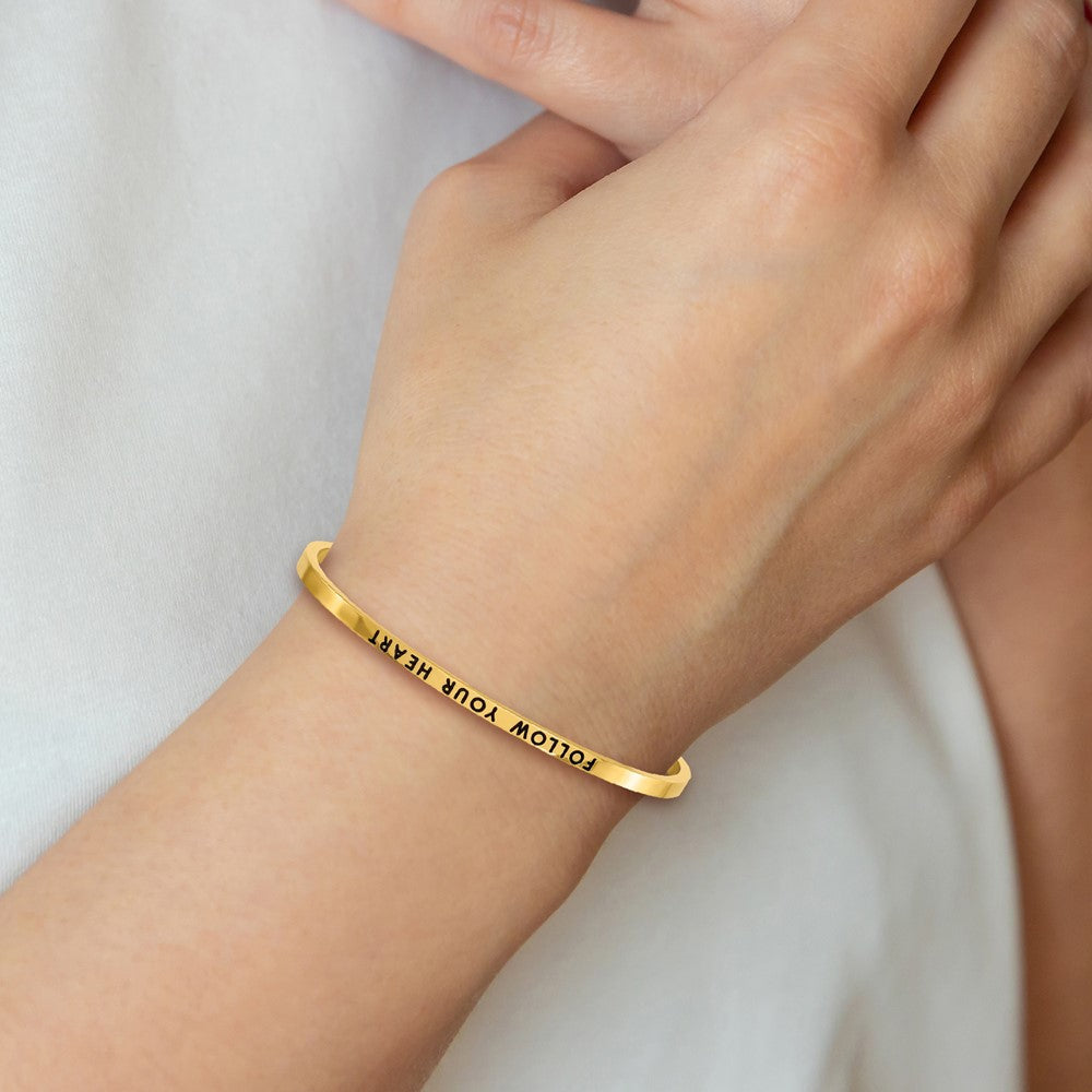 Chisel Stainless Steel Polished Yellow IP-plated and Enameled with Crystal FOLLOW YOUR HEART 3mm Cuff Bangle SRB2678