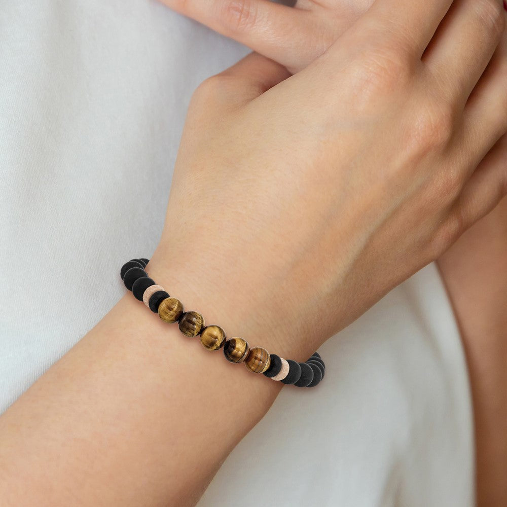 Chisel Stainless Steel Brushed Black IP-plated 8mm Black Agate and Tiger's Eye Beaded Stretch Bracelet SRB2710
