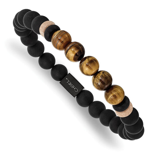 Chisel Stainless Steel Brushed Black IP-plated 8mm Black Agate and Tiger's Eye Beaded Stretch Bracelet SRB2710