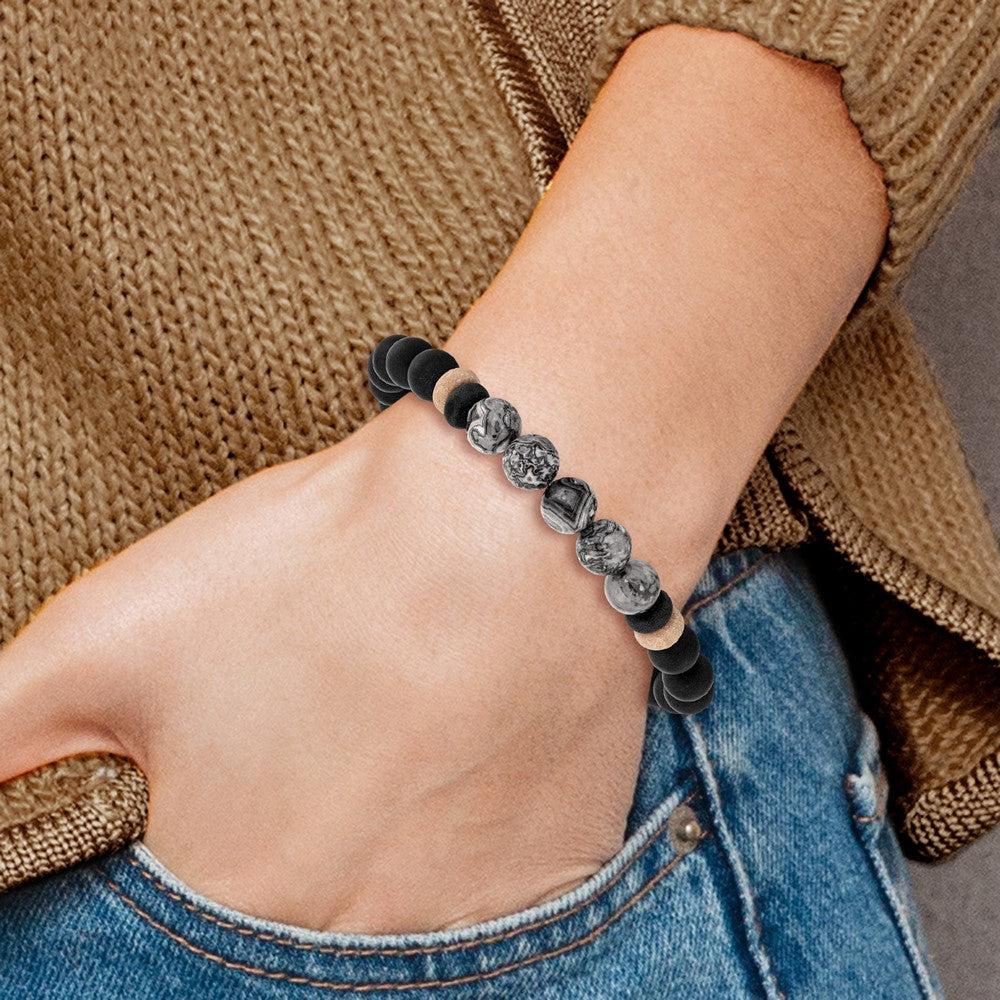 Chisel Stainless Steel Brushed Black IP-plated 8mm Black Agate and Grey Jasper Beaded Stretch Bracelet SRB2712
