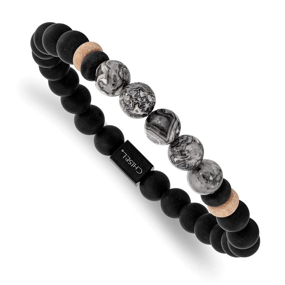 Chisel Stainless Steel Brushed Black IP-plated 8mm Black Agate and Grey Jasper Beaded Stretch Bracelet SRB2712