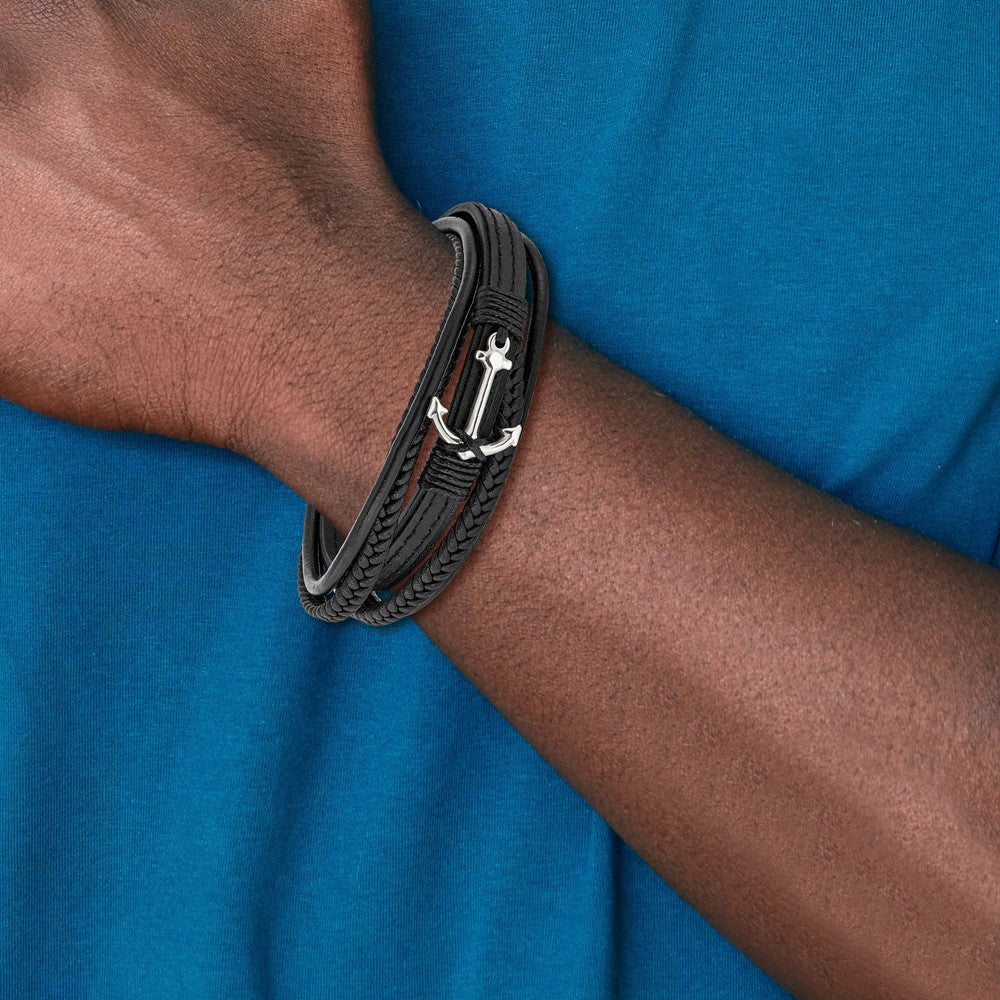 Chisel Stainless Steel Polished Anchor Black PU Leather 7.75 inch Bracelet with .5 inch Extension SRB2714-7.75