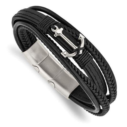 Chisel Stainless Steel Polished Anchor Black PU Leather 7.75 inch Bracelet with .5 inch Extension SRB2714-7.75