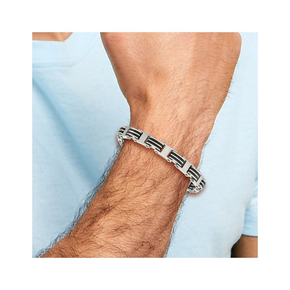 Chisel Stainless Steel Brushed and Polished with Black Rubber 7.75 inch Link Bracelet with .5 inch Extension SRB2717-7.75