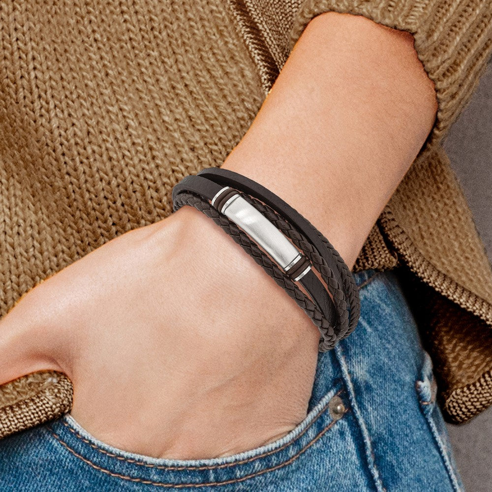 Chisel Stainless Steel Brushed Multi Strand Brown PU Leather and Rubber 8 inch ID Bracelet with .5 inch Extension SRB2718-8