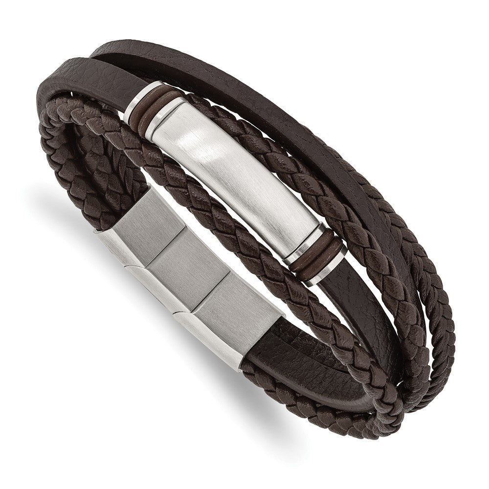 Chisel Stainless Steel Brushed Multi Strand Brown PU Leather and Rubber 8 inch ID Bracelet with .5 inch Extension SRB2718-8
