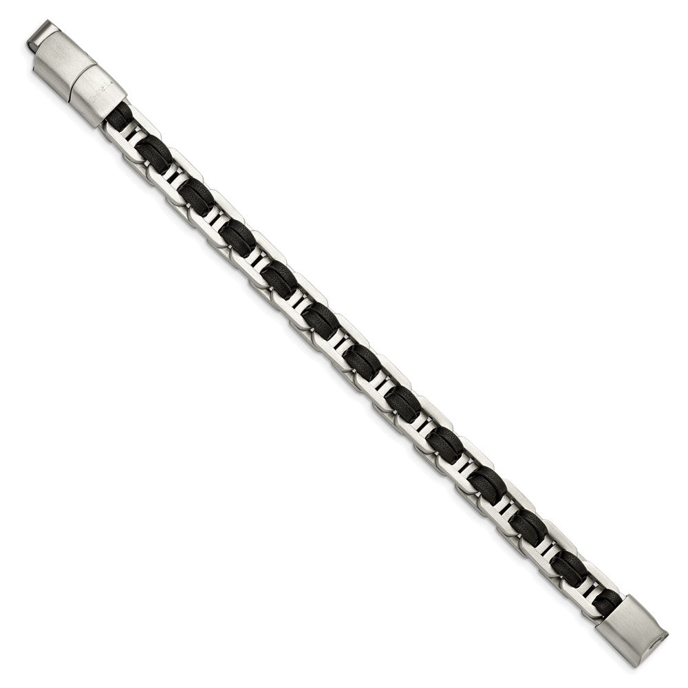 Chisel Stainless Steel Brushed with Black PU Leather 7.75 inch Bracelet with .5 inch Extension SRB2720-7.75