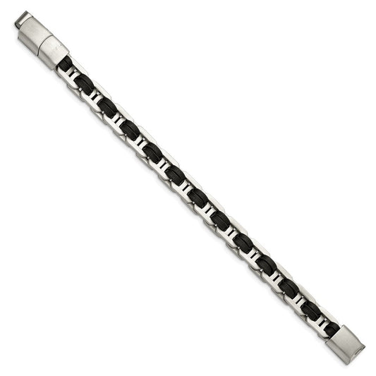 Chisel Stainless Steel Brushed with Black PU Leather 7.75 inch Bracelet with .5 inch Extension SRB2720-7.75