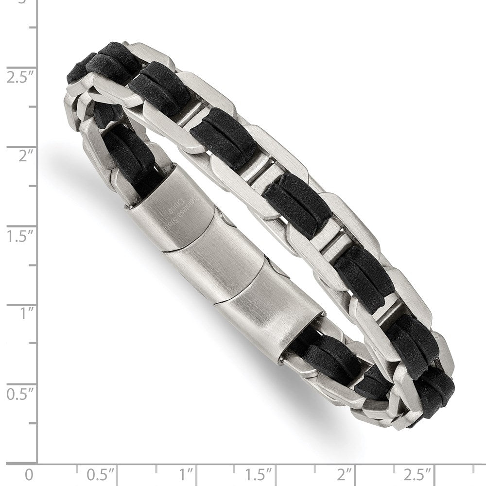 Chisel Stainless Steel Brushed with Black PU Leather 7.75 inch Bracelet with .5 inch Extension SRB2720-7.75