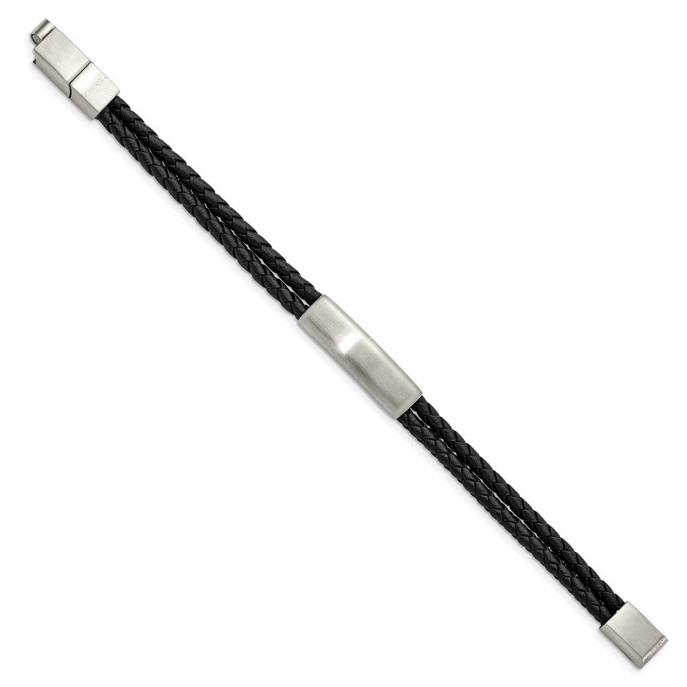 Chisel Stainless Steel Brushed Braided Black Leather Multi Strand 8 inch Plus .5 inch Extenstion Bracelet SRB2722-8