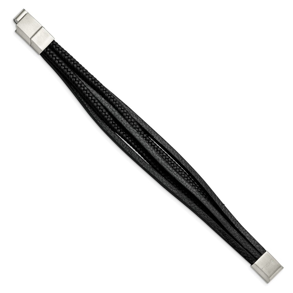 Chisel Stainless Steel Polished Multi Strand Black PU Leather 8 inch Bracelet with .5 inch Extension SRB2724-8