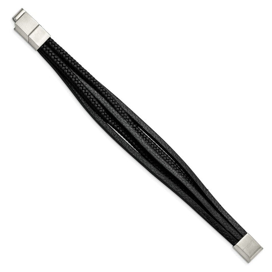 Chisel Stainless Steel Polished Multi Strand Black PU Leather 8 inch Bracelet with .5 inch Extension SRB2724-8