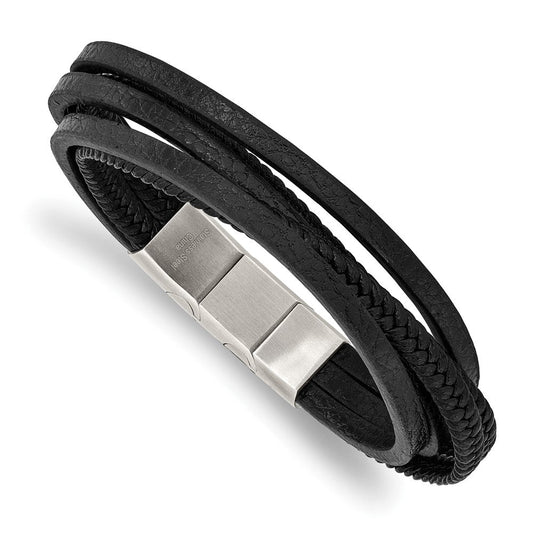 Chisel Stainless Steel Polished Multi Strand Black PU Leather 8 inch Bracelet with .5 inch Extension SRB2724-8