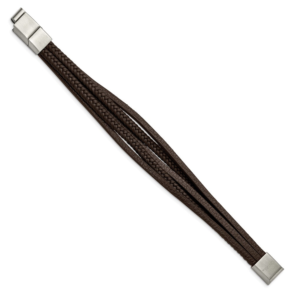Chisel Stainless Steel Polished Multi Strand Brown PU Leather 8 inch Bracelet with .5 inch Extension SRB2725-8