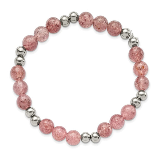 Chisel Stainless Steel Polished 6-8mm Strawberry Quartz Beaded Stretch Bracelet SRB2729