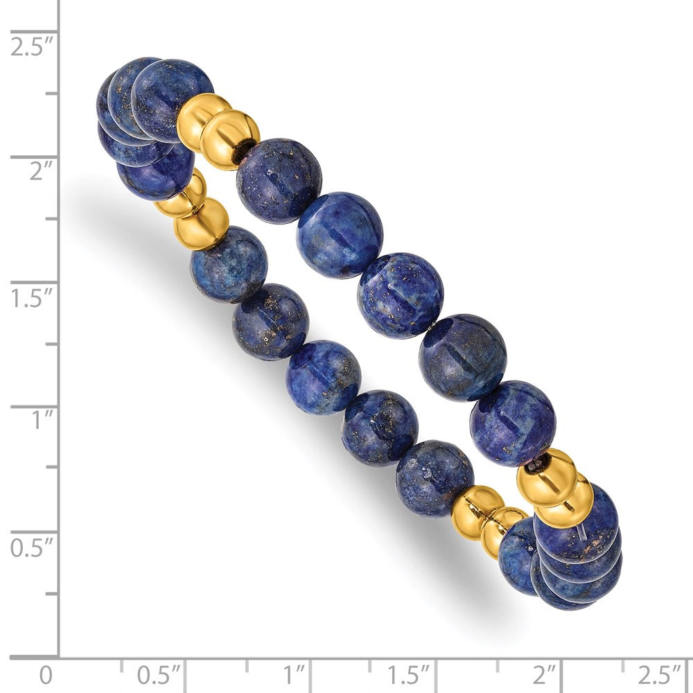 Chisel Stainless Steel Polished Yellow IP-plated 6-8mm Lapis Beaded Stretch Bracelet SRB2730