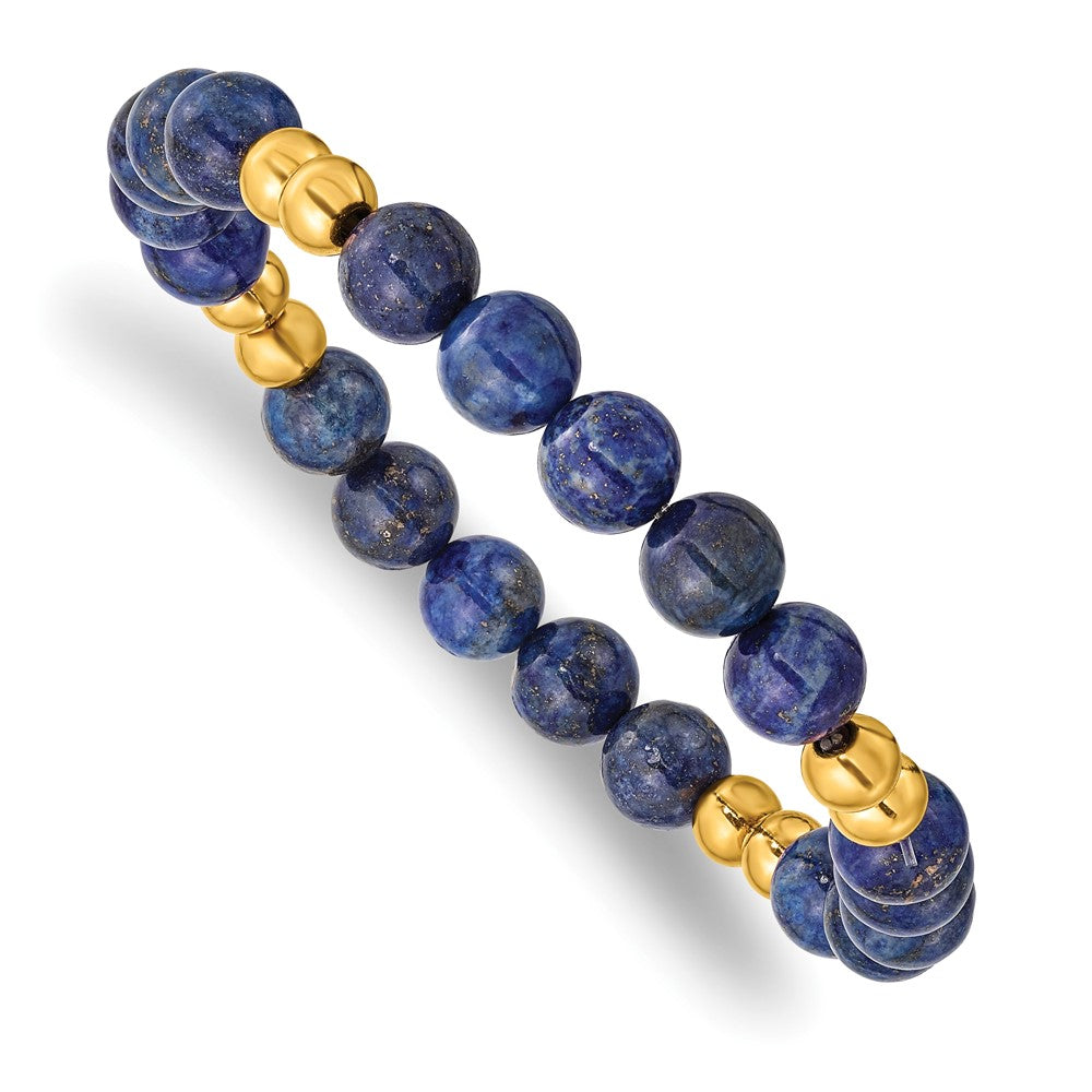 Chisel Stainless Steel Polished Yellow IP-plated 6-8mm Lapis Beaded Stretch Bracelet SRB2730