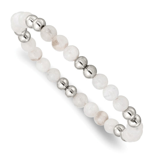 Chisel Stainless Steel Polished 6mm White Moonstone Beaded Stretch Bracelet SRB2732