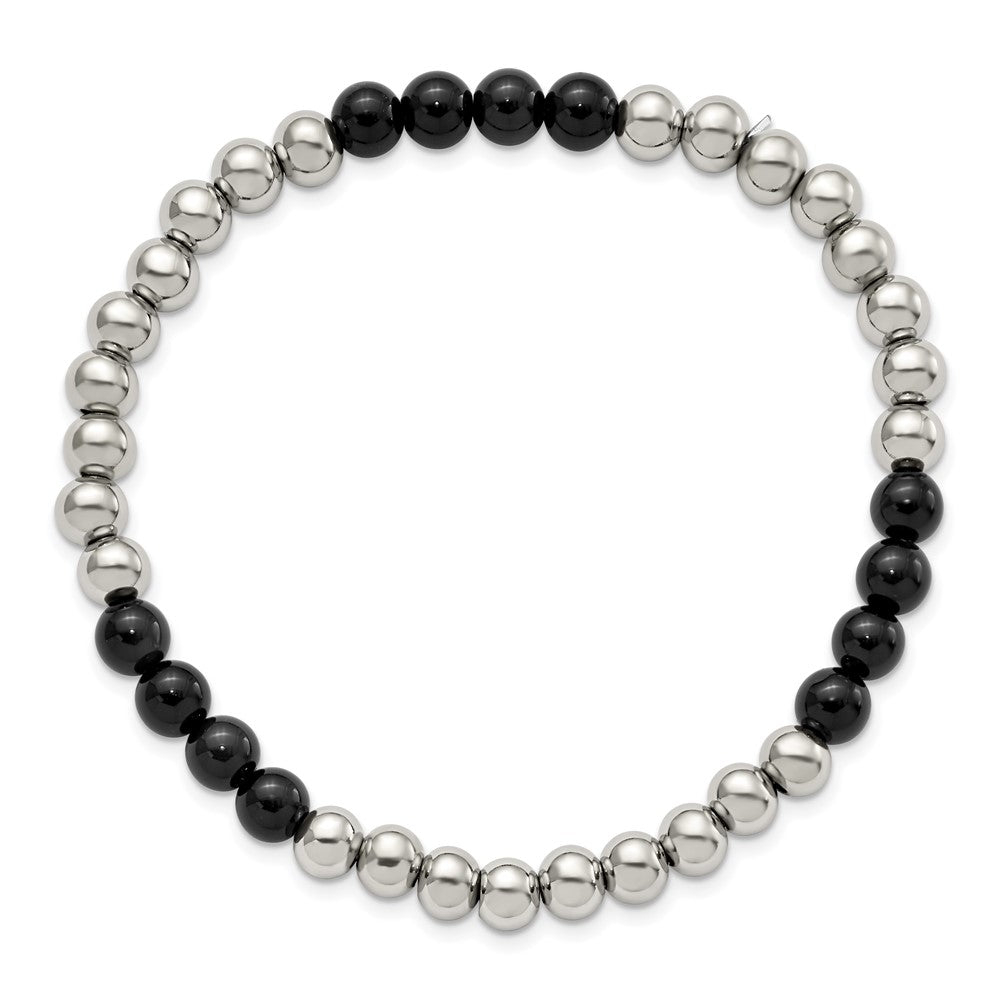 Chisel Stainless Steel Polished 6mm Black Onyx Beaded Stretch Bracelet SRB2734