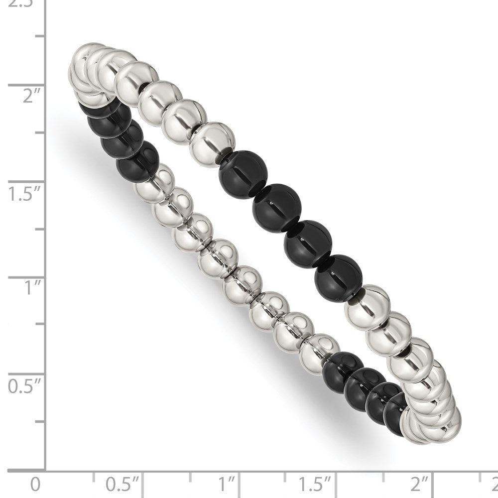 Chisel Stainless Steel Polished 6mm Black Onyx Beaded Stretch Bracelet SRB2734