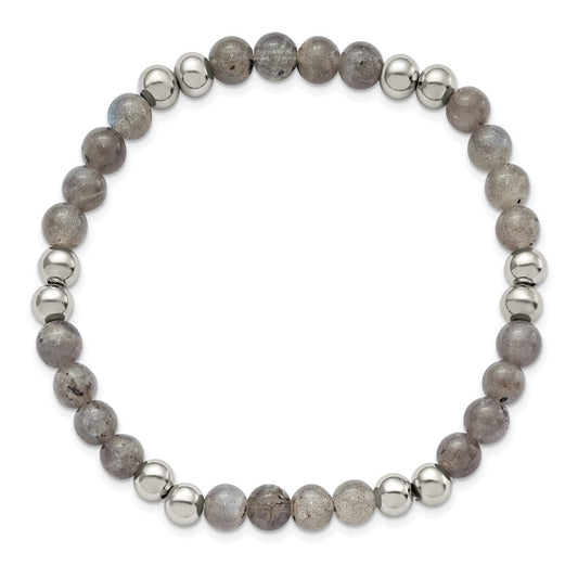 Chisel Stainless Steel 6mm Polished Grey Quartz Beaded Stretch Bracelet SRB2737