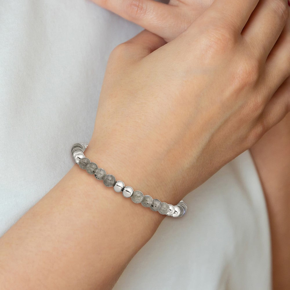 Chisel Stainless Steel 6mm Polished Grey Quartz Beaded Stretch Bracelet SRB2737